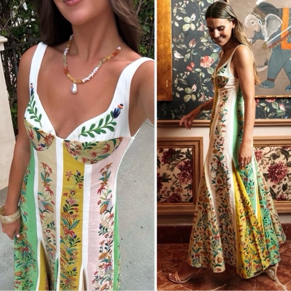 FARM RIO Floral Panel Maxi Dress in Green, Yellow & Pink - Picture 6 of 7